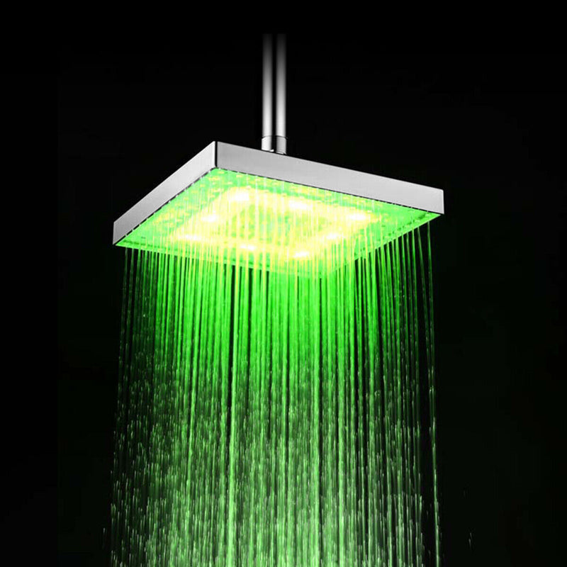 7 Color LED Square Rainfall Shower Head Waterfall Bathroom Glow Light